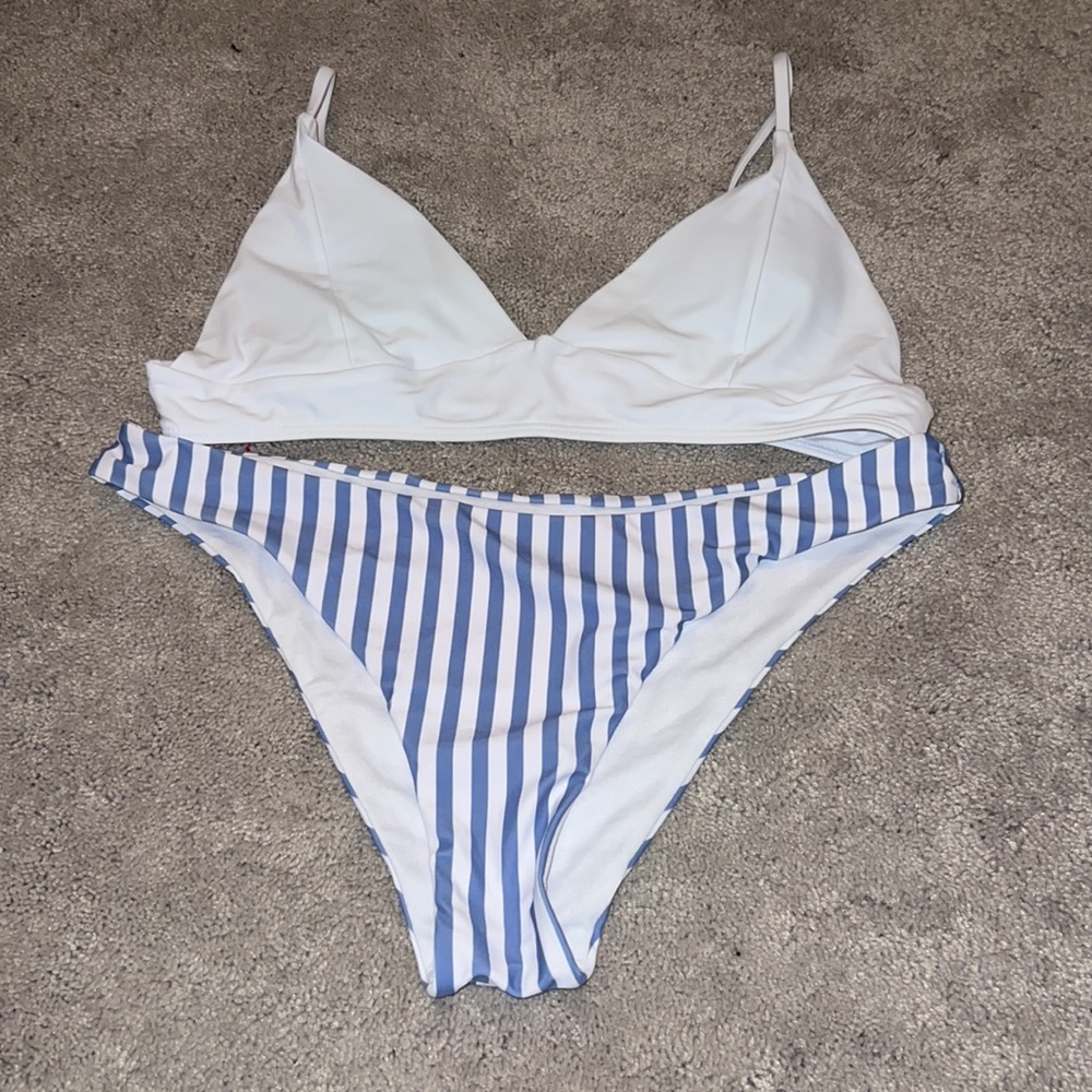 Blue and white bikini